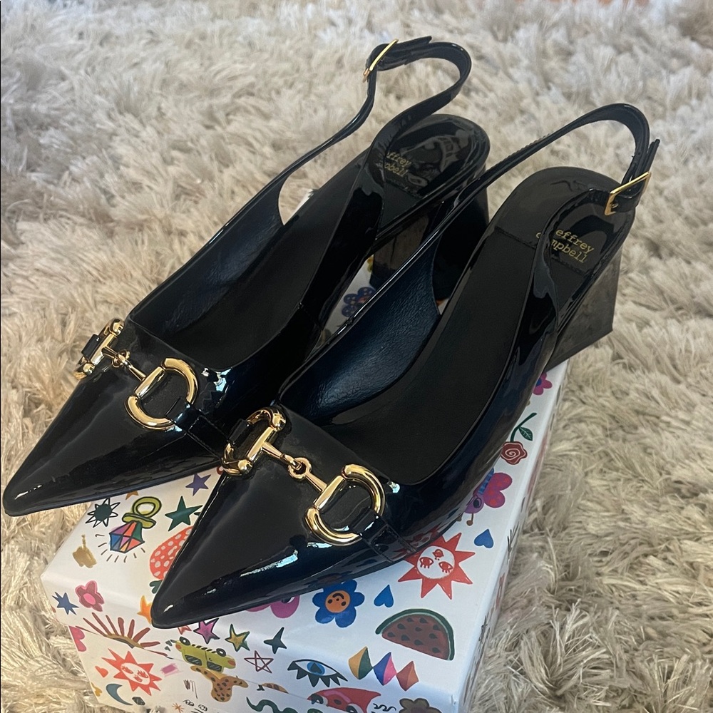 Jeffrey Campbell Nakita Black Patent Heels with Horsebit Accents